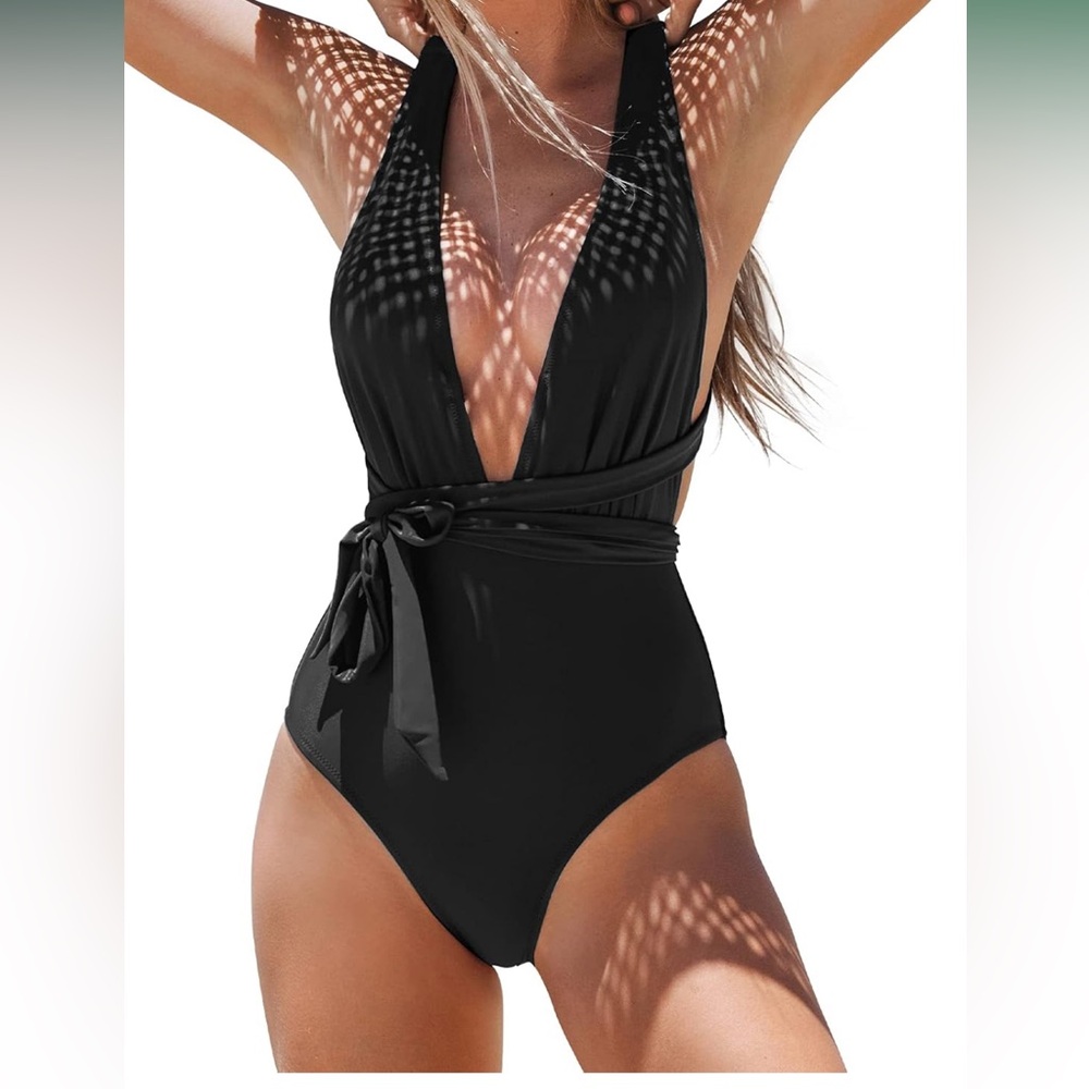 Deep V-Neck Black Strappy One-Piece Swimsuit